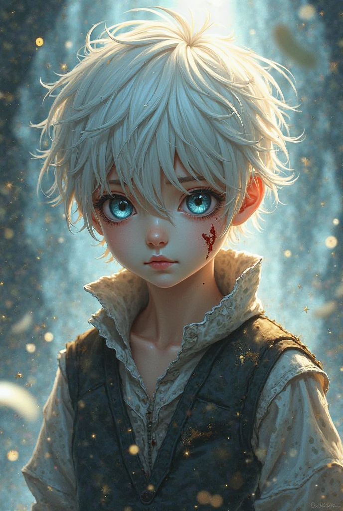 A Targaryen boy, silver haired, purple eyes, medieval simple clothes