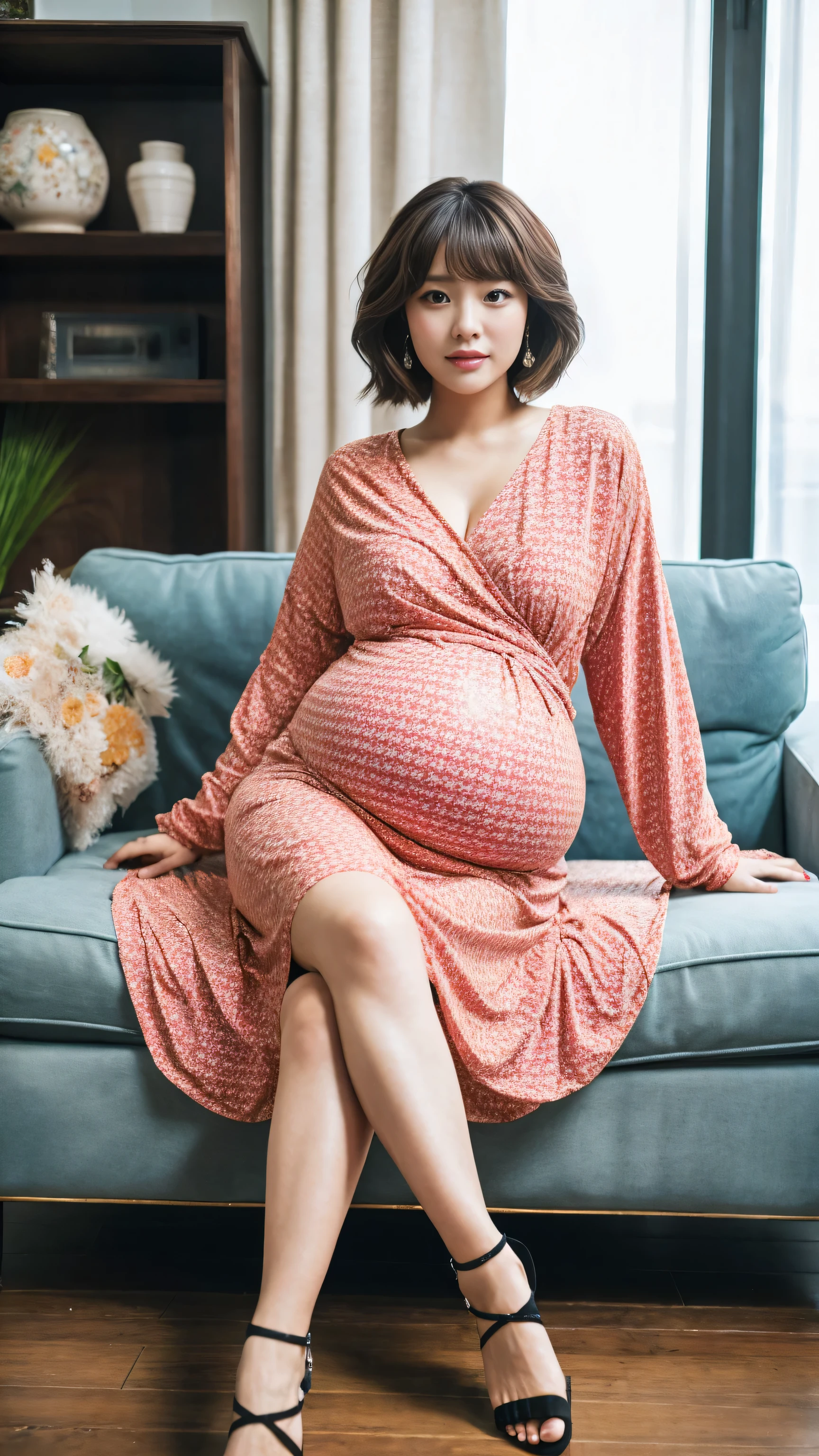 Pregnant women、Caucasian、Brown Hair、Maternity Dresses、Sit on the sofa