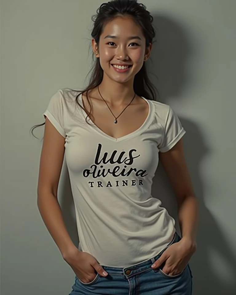 a  girl, [cuerpo completo], sonriente, vistiendo una camiseta y jeans adjuntados, un busto grande, de pie oscura, in a room, detalles intrincados, High Definition, professional photography.