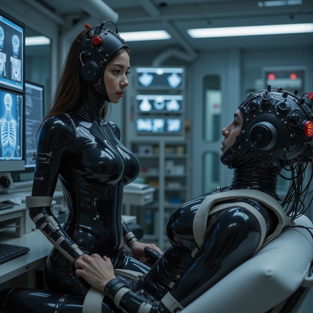 Nude female cyborg with many cables half disassembled on a laboratory table being examined by another beautiful female cyborg, messy environment, neon and led lights, futuristic environment super detailed and sharp image, image photo resolution 300 dpi