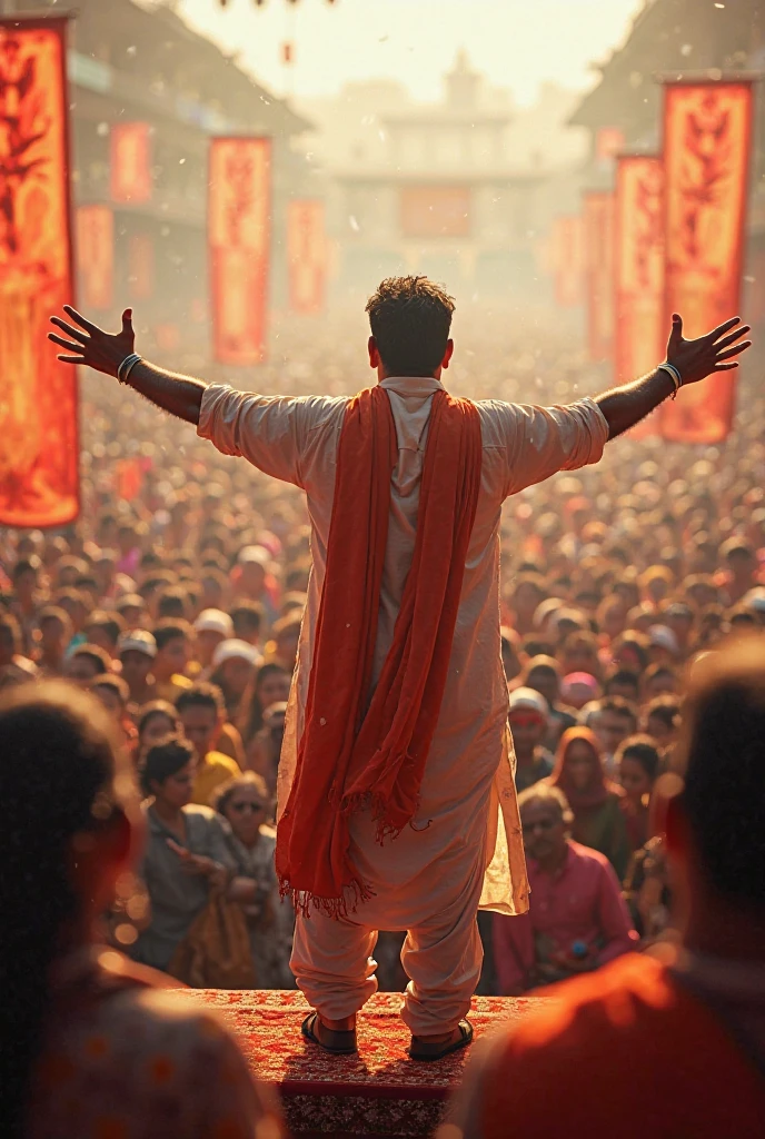 In modern world in Vrindavan city. A young India modern man wearing long kurta, having four hands with tensed face, with lord Krishna shadow in background.