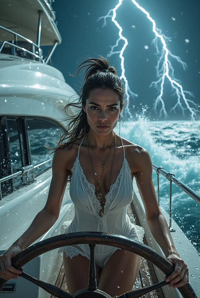 A beautiful busty teenage girl, in a storm, on a yacht, scared, in a bikini, large breasts, giant waves, dramatic lighting, moody atmosphere, detailed facial features, windy hair, photorealistic, 8k, highly detailed, masterpiece, dramatic lighting, cinematic composition, hyper realistic, chiaroscuro, dramatic shadows, volumetric lighting