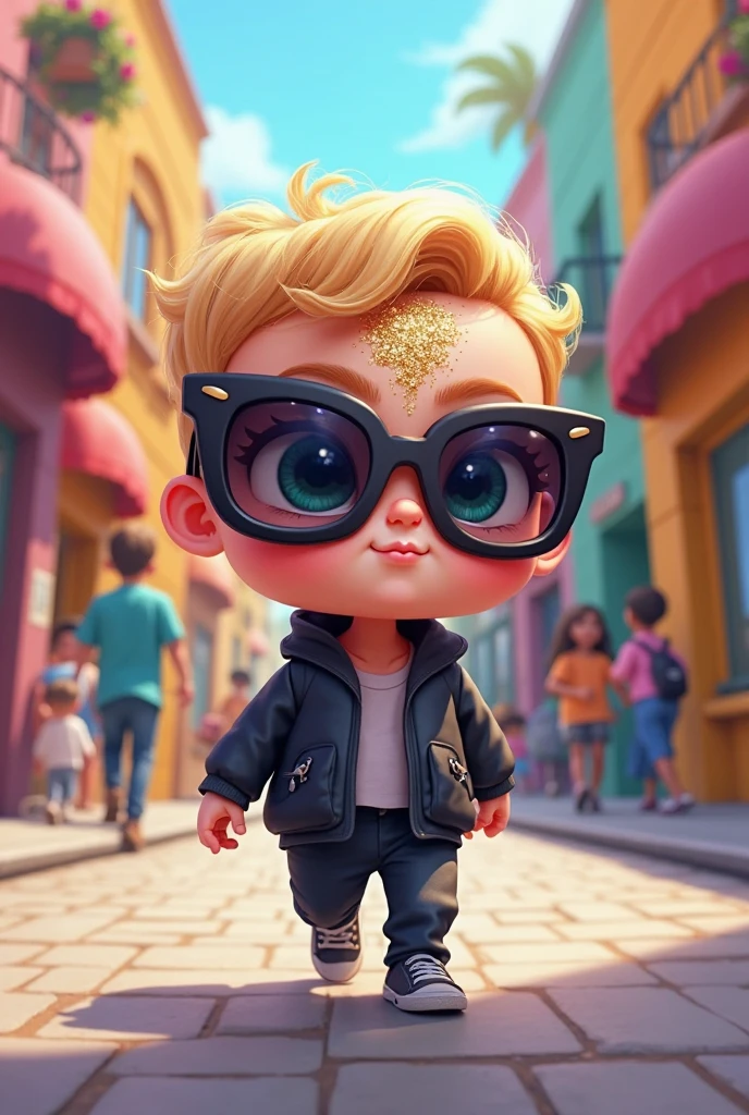 カメラに向かってウインクしているイケイケ赤ちゃん: "Create a lifelike image of a baby wearing stylish, oversized sunglasses, winking playfully at the camera with a cheeky grin. The baby is dressed in a mini leather jacket with tiny jeans, giving off a cool and confident vibe. The background is a bustling outdoor café with parents and kids, adding to the lively and social atmosphere."