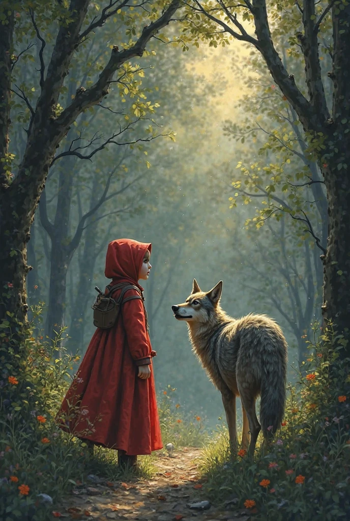 illustration for the fairy tale about Little Red Riding Hood and the Gray Wolf. Little Red Riding Hood carries pies in a basket to her grandmother and meets a large gray wolf in the forest.