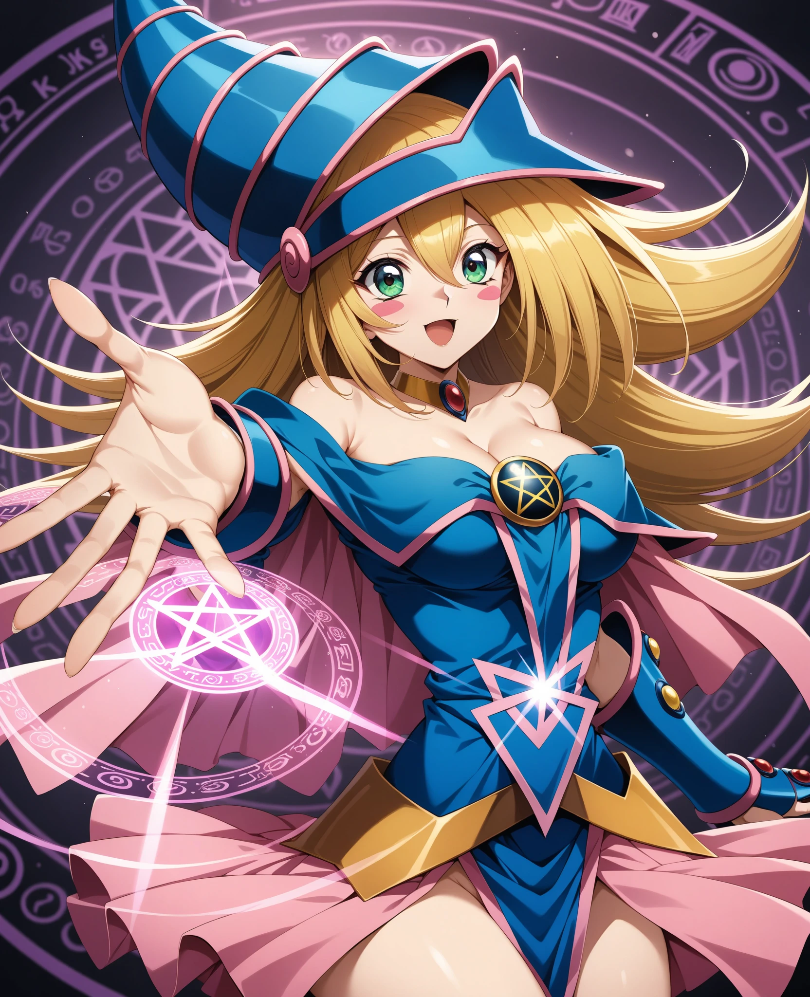 make dark magician girl, hentai pose, long blonde hair, big natural breasts, arena, yugioh, milf, desire face, detailed face, detailed breasts, best quality, night, yugioh duel