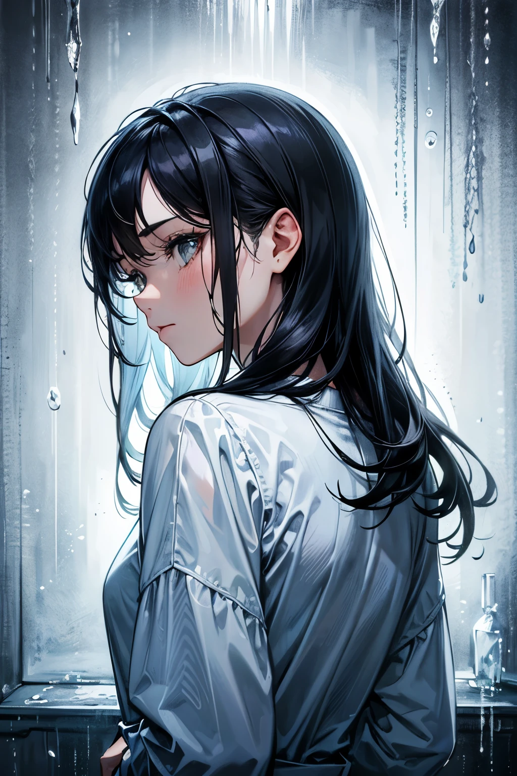 (best quality,4k,high resolution,masterpiece:1.2), In a frozen room, a -yeld girs leaving from a frozemroom, looking back, back view, being calmed, something sad,a photorealistic cute girl with long black hair, wearing white pajamas, Europian face, noble face, open eyes with sadness, upper body portrait. The room was frozen by her psychic power.