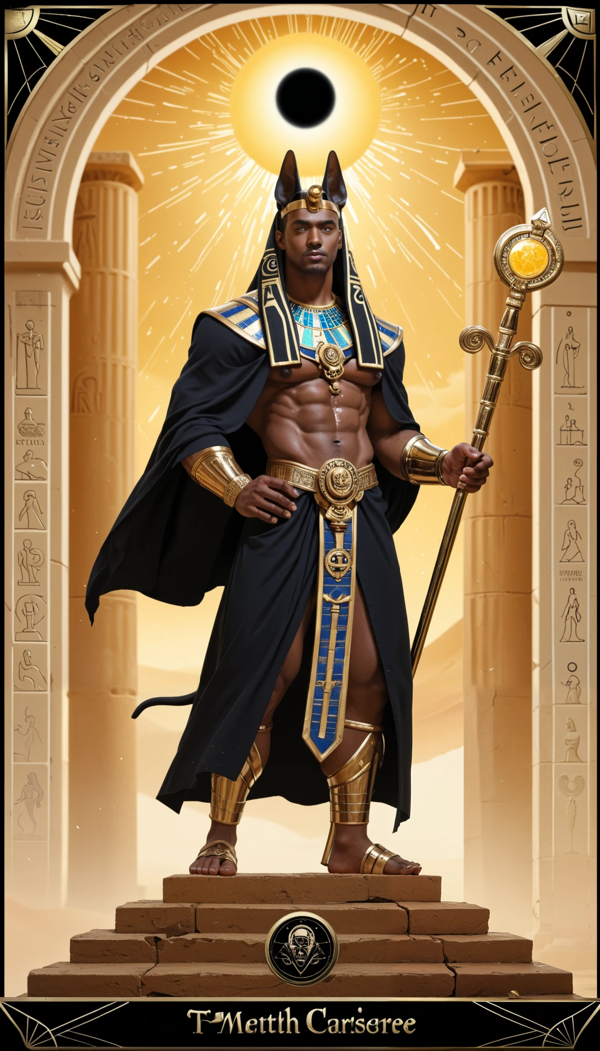 Tarot Card: Death – Anubis, Guardian of Transformation Anubis, the Egyptian god of the afterlife, stands tall, his jackal eyes glowing with divine wisdom. Cloaked in dark robes, he holds the Was scepter in one hand and the Ankh in the other—symbols of endings and rebirth. Behind him, an ancient temple crumbles, its ruins swept away by a swirling desert storm, while new structures rise in the distance, bathed in golden light. Above, a solar eclipse casts an ominous glow, marking the shift between death and transformation. A lone figure kneels before Anubis, shedding their past like a tattered cloak, emerging renewed. The winds whisper of change—an ending, yet also a beginning. Oil-painted in rich, textured strokes, this card captures the power of destruction, transition, and rebirth.