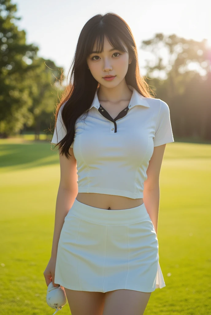 Sexy asian , big boobs, big breasts, golf outfit, white. sunny day