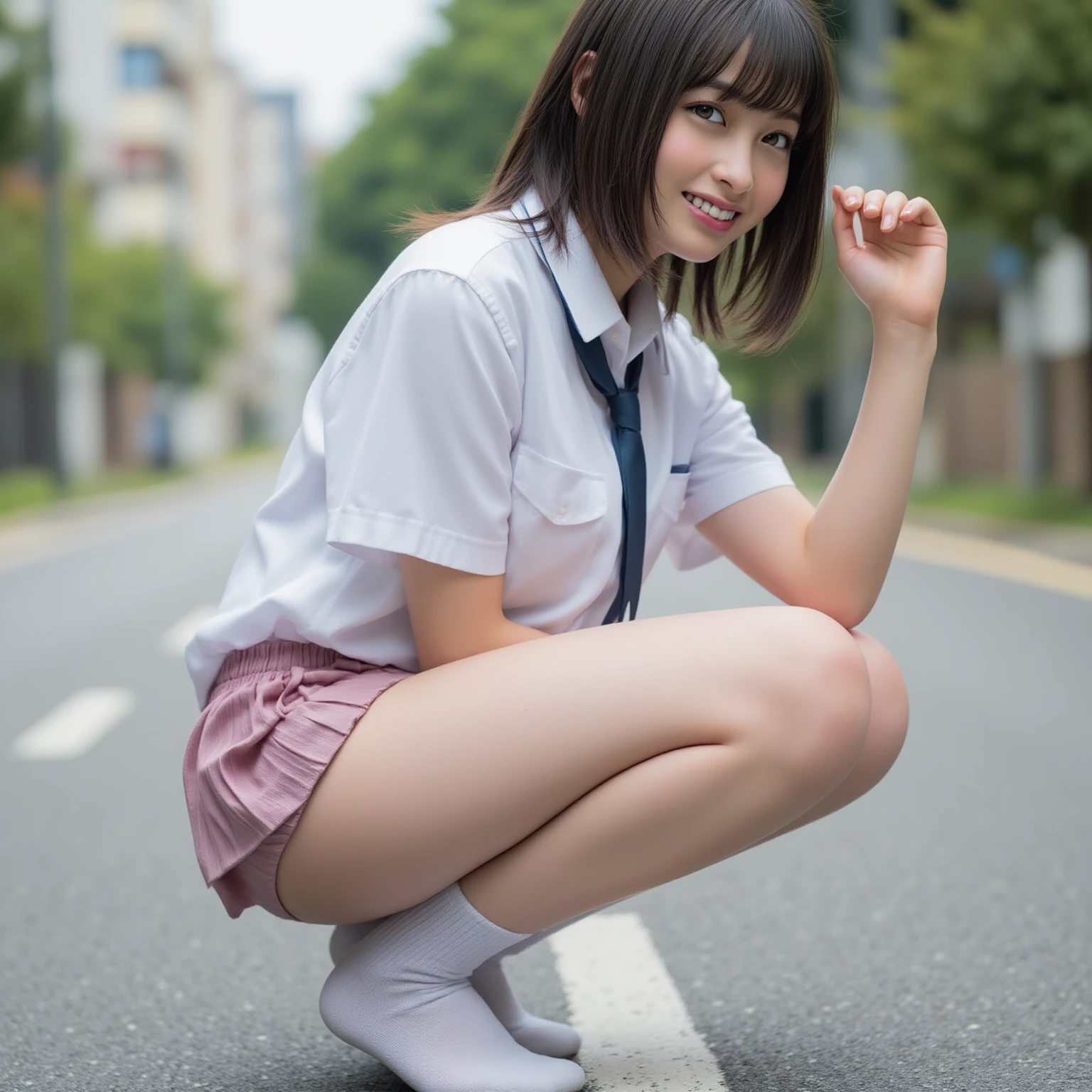 In 8K,highest quality,real image,intricate details,Super high resolution,depth field,Masseter muscle part,natural soft light,professional lighting,1 girl,(cute:1.2),very beautiful 17 year old girl,detailed eye,((brown eyes)),(brown hair),(short haired),(skin without bangs,shiny skin,pure white skin,fine skin,big and full breasts,((perfect anatomy,nice hands,perfect hands,five fingers connected to the palm,Accurate needle with no discomfort)),perfect bare legs,delicate legs,perfect proportions,Sexy,I can see your chest,((Japanese high school girl uniform)),((uniform mini skirt)),(tie),black socks,chano leather shoes,Crouch deep in the city,I can see my crotch,Show me your panties in the street,both legs are bent,The legs are spread out in an M-shape,,I can see your pants,Delicate thighs when viewed from the front