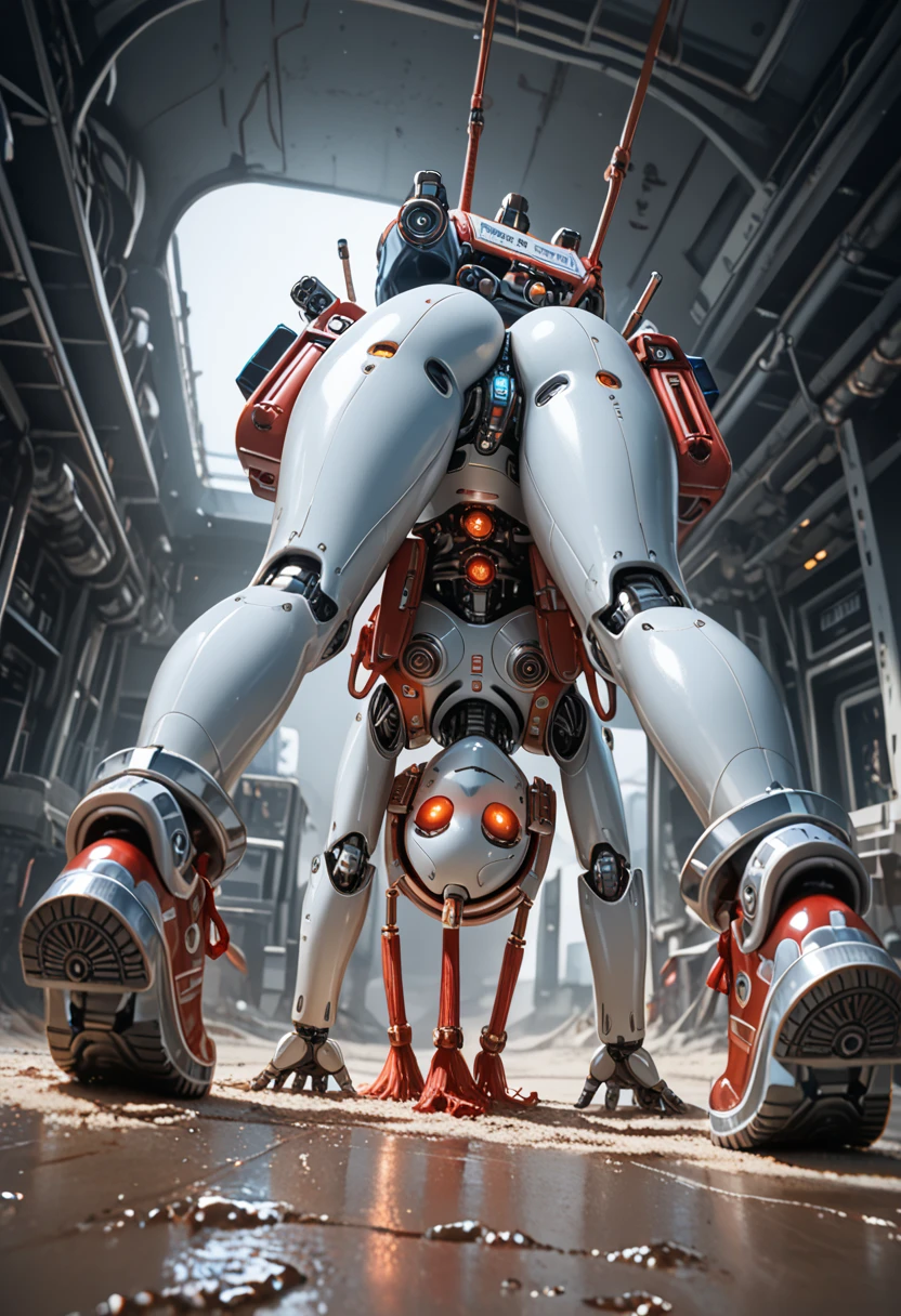 A robot that lands, female android , put 1hand on ground, mixed color, multiple color, red and blue body, glitter body, shockwave for around on ground, sand smoke, jet fire from backpack, naked frontal, ass beads, ((tassels with Pastie)), (((from below view))), from front,