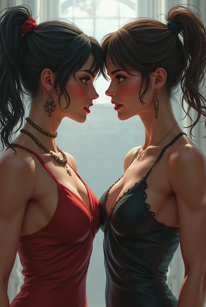 Create an evocative image of Scarlett Johansson as black widow ((short red hair, wearing black crop top)) and Elizabeth Olsen as scarlet witch ((long brown hair wearing red crop top)), side by side outside a spaceship, straddling, gazing silently towards the horizon where the warm hues of a setting sun paint the sky in nostalgic colors. Cinematic lighting. Panty, ((crop top)). hug. kiss. passionate gentle kiss on the lips. kissing. looking at each other. grabbing buttocks. Breasts pressed, breast grab, ((groin grab)), consensual. Undressing. Bliss. ((NSFW))