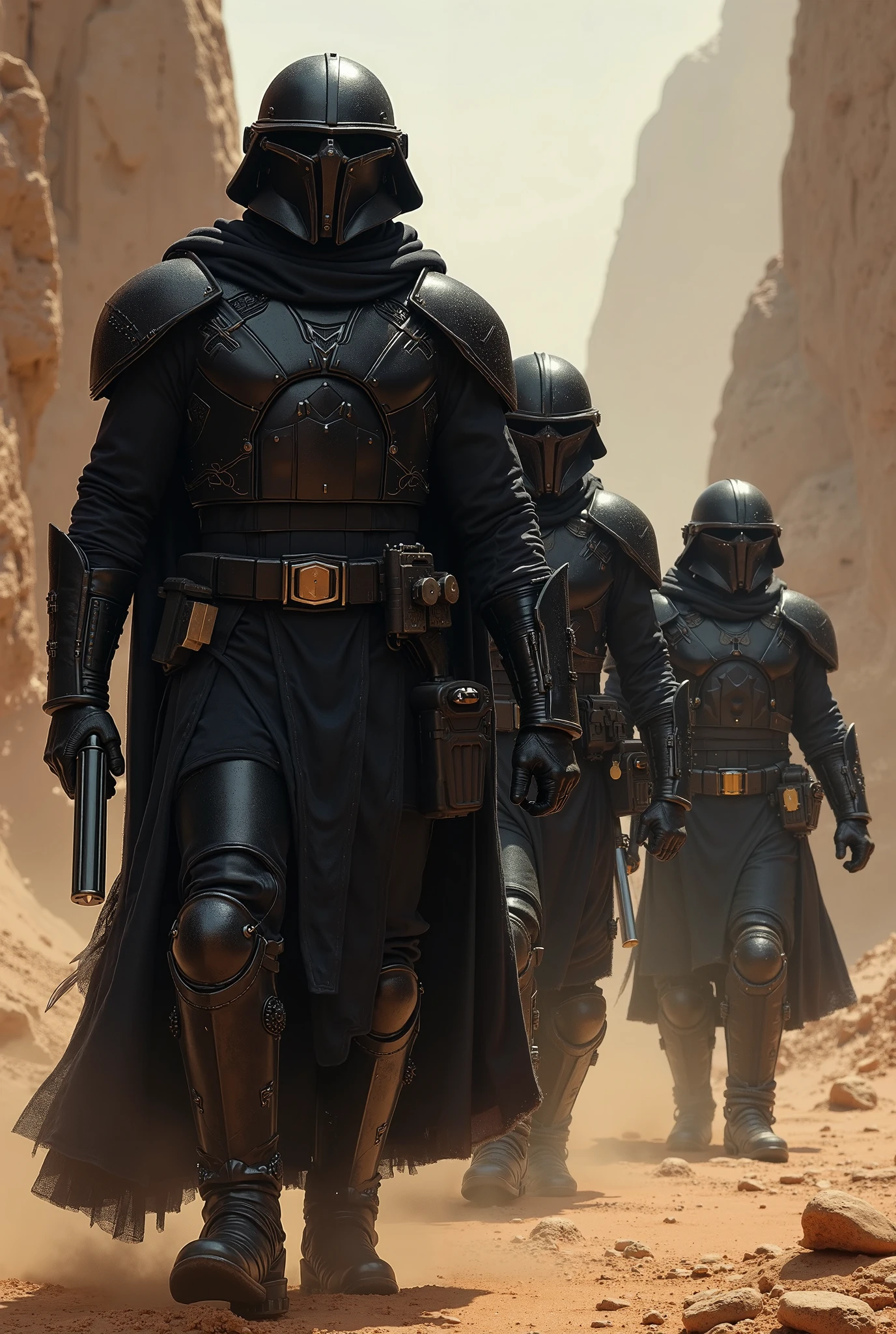 cinematic film still of  <lora:star wars style:0.2>
<lora:detailed:0.4> detailed
<lora:perfection style:0.4> perfect
<lora:PerfectEyesXL:0.5>
 <lora:Chiaroscuro Lighting Style:0.3>
 <lora:Tatooine:0.9>
Tatooine a man in a helmet and a cape walking through a desert,in star wars style,holding,standing,weapon,outdoors,multiple boys,sword,cape,armor,helmet,shield,ruins,multiple others,knight,full armor,ambiguous gender,helm, shallow depth of field, vignette, highly detailed, high budget, bokeh, cinemascope, moody, epic, gorgeous, film grain, grainy