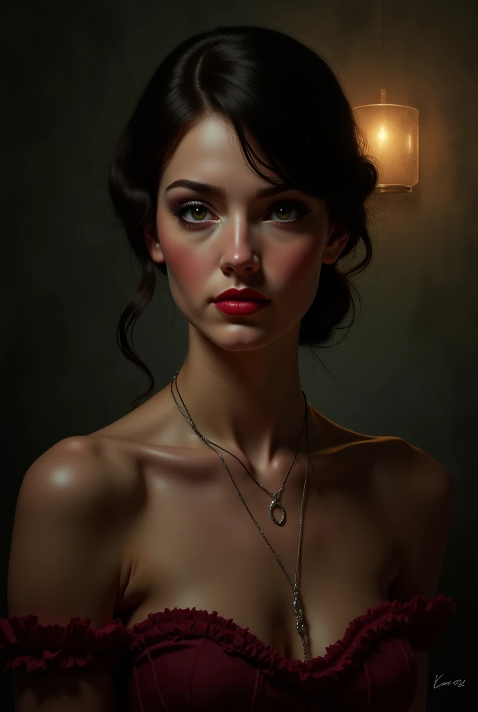 A beautiful woman, Milla Jovovich, portrait, detailed eyes, full lips, elegant hairstyle, porcelain skin, serene expression, flowing dress, dramatic lighting, cinematic atmosphere, hyperrealistic, 8k, masterpiece, photo-realistic, concept art, dramatic colors, moody lighting