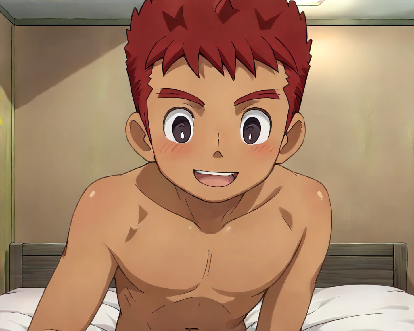 Highres, Masterpiece, Best quality at best,Best Quality,hight quality, hight detailed, 1boy, Shota, Tanjiro, red hair, (Showing armpit:1.3), ear-old b Young boy, Desert, Egypt, Happy, upper body, Shirtless, topless, Give me the proportional body of a 12 year own, Headdress, navel piercing, Gold accessories, masterpiece，hight setail, best quality, UHD, bokeh