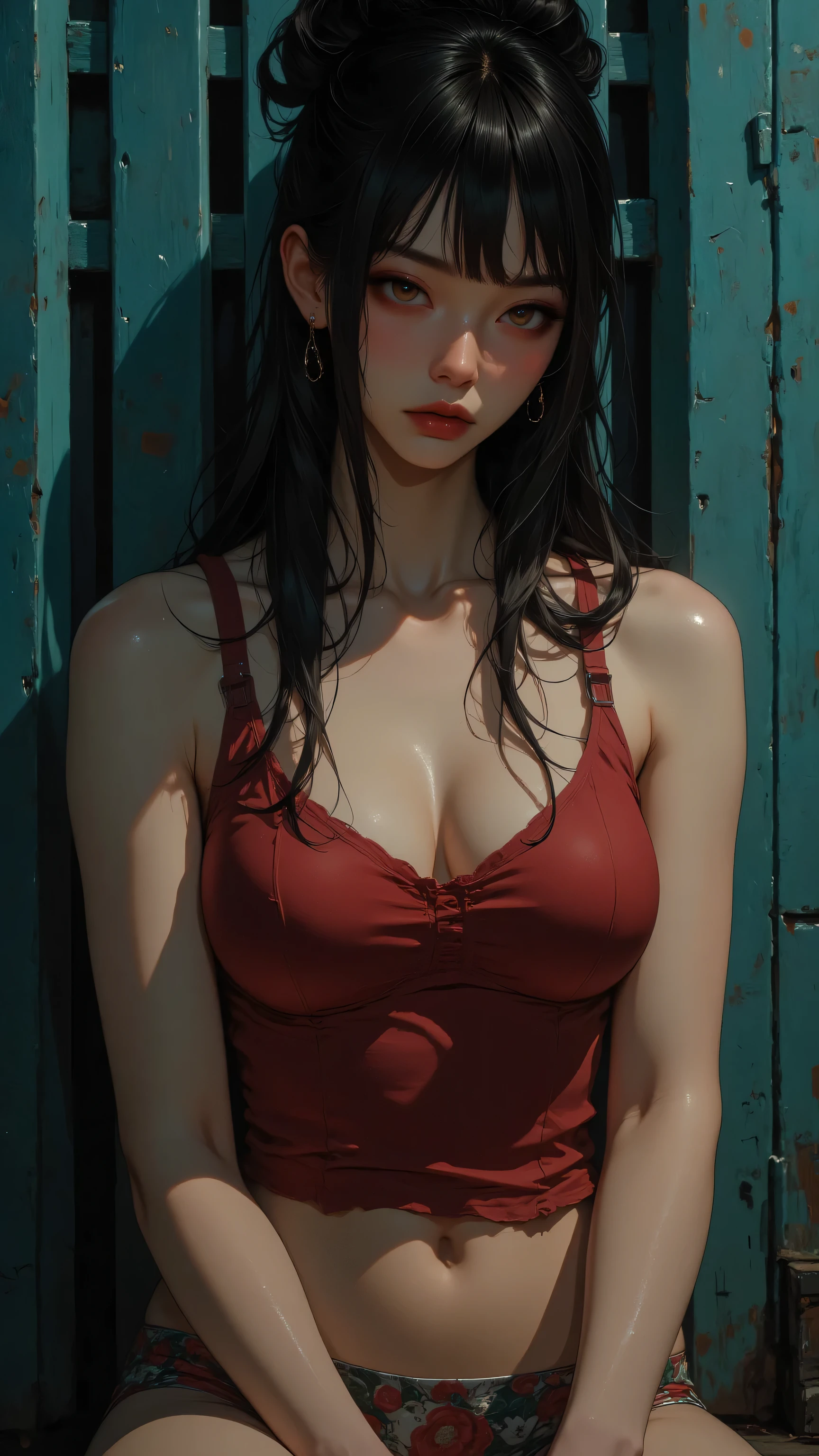 1 girl, foto de cowboy da linda There is, gazing at viewer, redgown, Bblack hair, blush, shorth hair, athletic night, volumetric lighting, best qualityer, work of art, details Intricate, tone mapping, sharp focus, hyper detailled, trends on artstation, There is, realisitic 