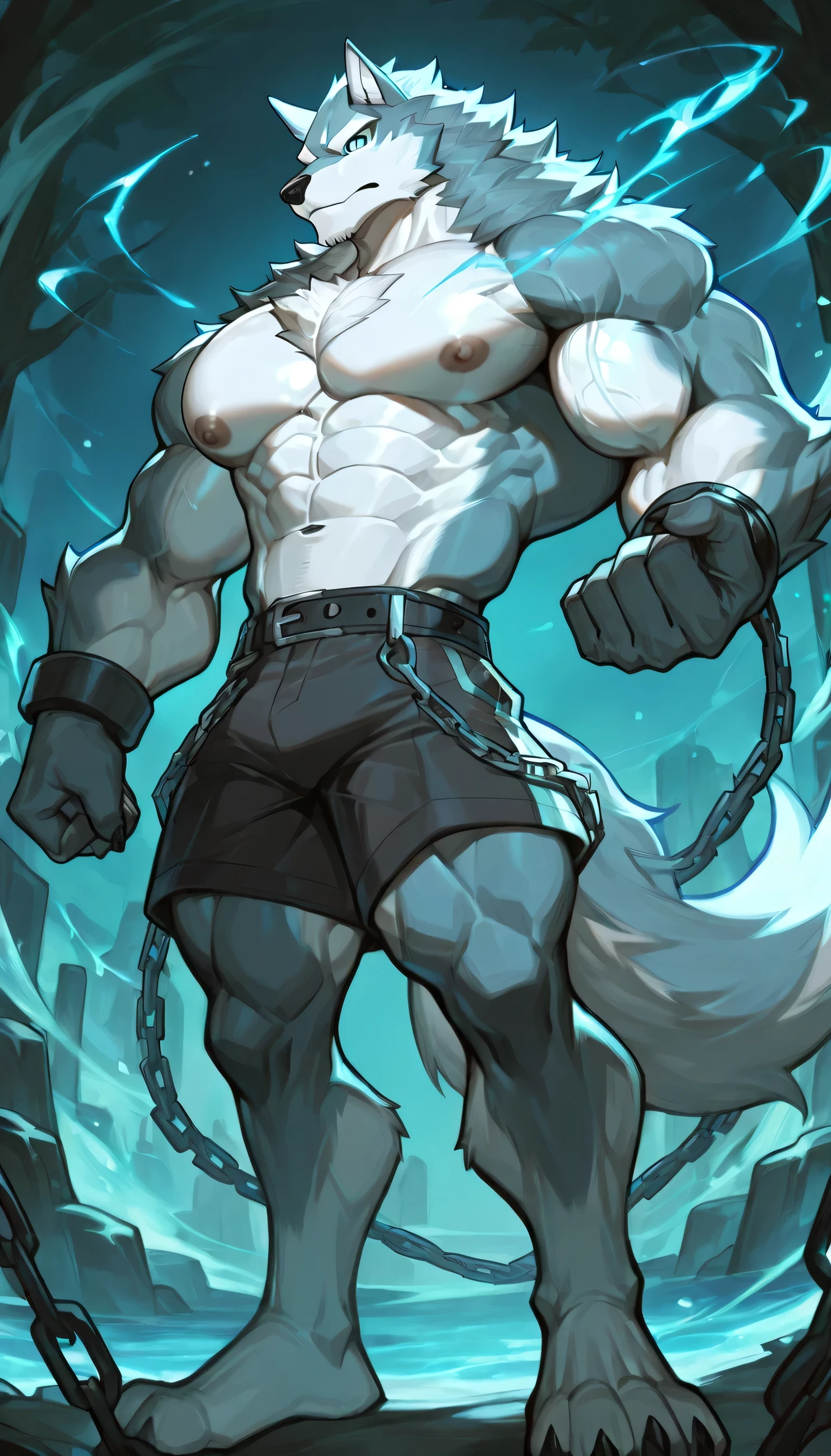 male focus ,wolf, 1 boy , Muscular , Muscular male, Unique , Chest muscles, only,Abdominal muscles,large Chest muscles, furry, animal ears , furry male,thigh,,Long Legs,(Abdominal musclesurdres:1.1),, 夸张的Chest muscles, chain , shorts