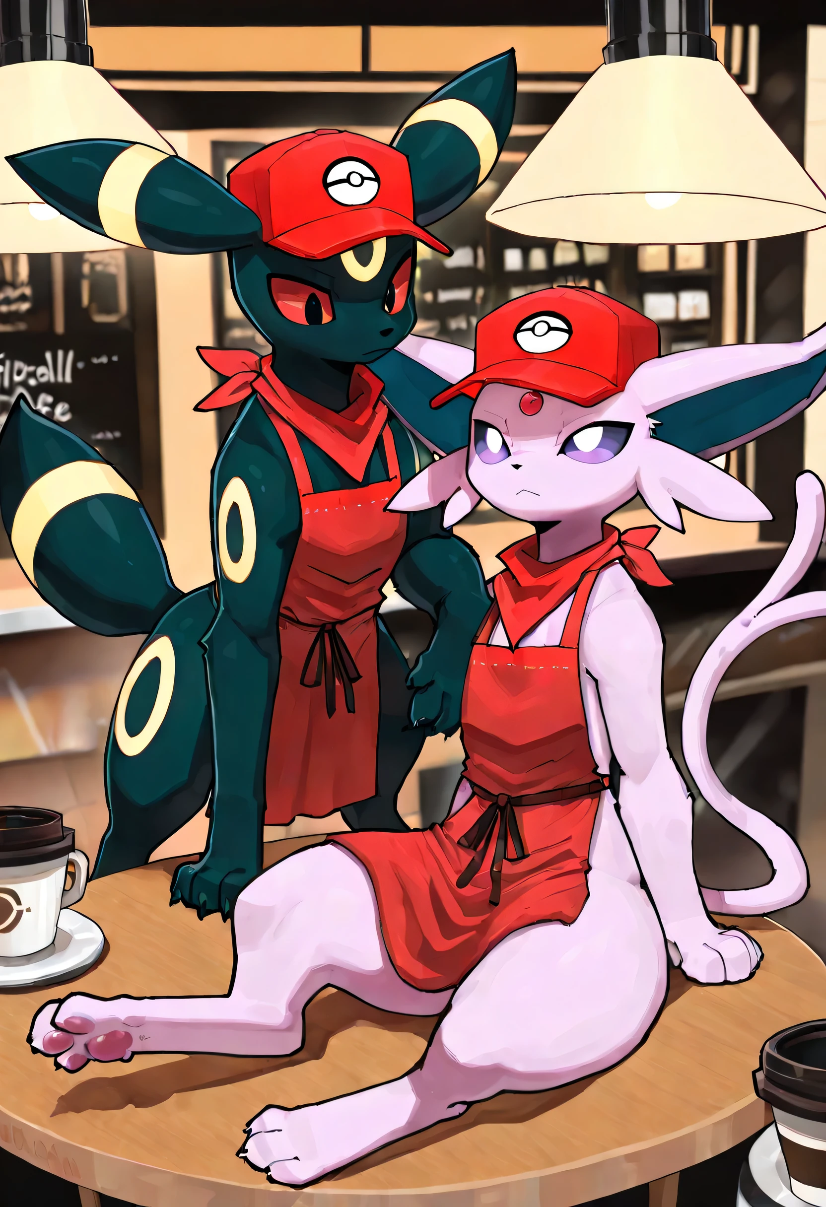 ((soft shading, 4k, hi res, detailed face, detailed, Best quality, masterpiece, detailed anatomy, detailed eyes, detailed hands with claws, detailed feet, perfect lighting, perfect shading)), by Goonie-san, by Mcfan, by Buta99, 2male, Pokemon, (Espeon, feral quadurped, red apron with a pokeball design in the center, red cap, and red neckerchief, sitting on the table), ((on the coffee shop, two espresso coffees on the table, side by side, two feral, quadruplets)), (Umbreon, feral quadurped, red apron with a pokeball design in the center, red cap, and red neckerchief, sitting on the table)