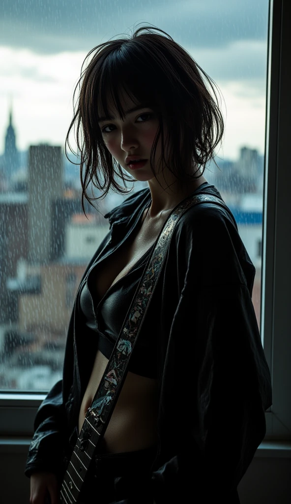 analog film photo, photo of a punk woman, amber eyes, matted hair, tan complexion, Japanese ethnicity, tall stature, curvy, slightly chubby, voluptuous hourglass figure, busty bosom, full wide hips, plump round buttocks, wearing a wet transparent cami top and a plaid miniskirt, posing on a rainy Tokyo rooftop, wet skin, damp clothes, RAW Photograph, dslr, soft lighting, high quality, film grain, Fujifilm XT3, detailed skin with visible pores, insane details, masterpiece, 8k, 35mm photograph, dslr, kodachrome, faded film, desaturated, grainy, vintage, Lomography, stained, highly detailed, found footage, close-up shot