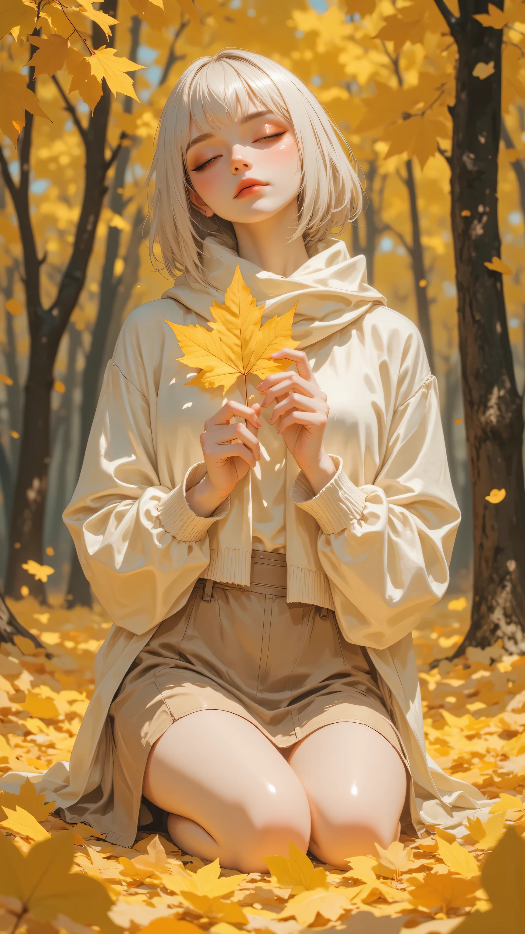 8k, Masterpiece, Top Quality, Low angle. Short bob, pale skin, closed eyes, serene expression. Cream sweater, beige skirt, white scarf. Kneeling, holding leaf, head tilted up. Autumn leaves, yellow trees, blurred background.