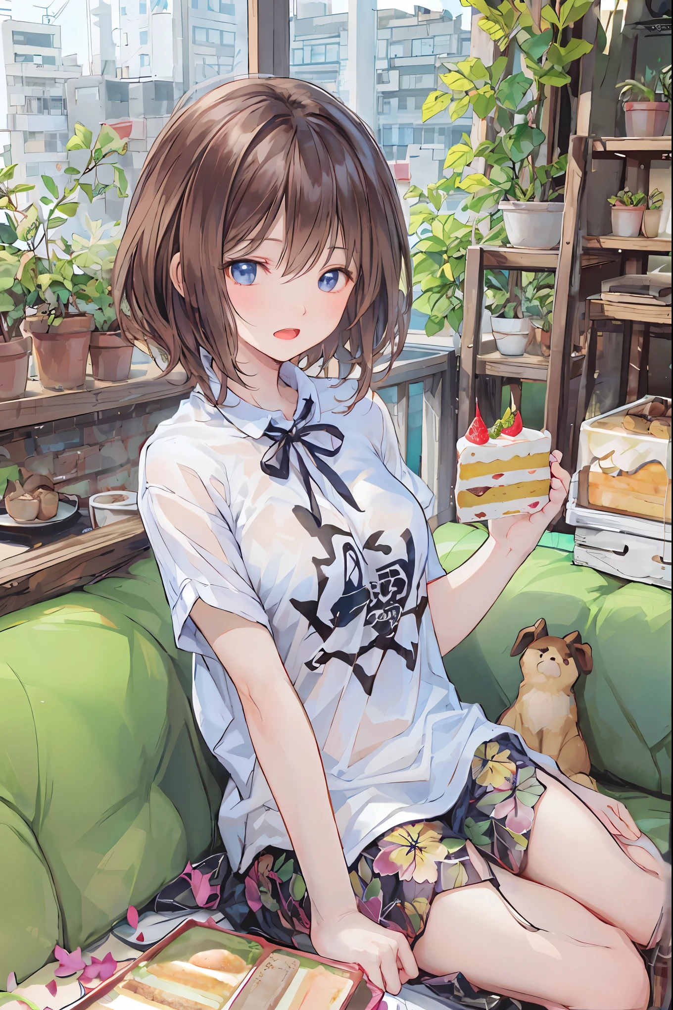 beautiful illustrations , Highest quality, cute girl, Cafe, is sitting, perfection, cake, (A heart that can talk ), happy, open your mouth, Close your eyes, casual clothes, clavicle, long hair, black hair