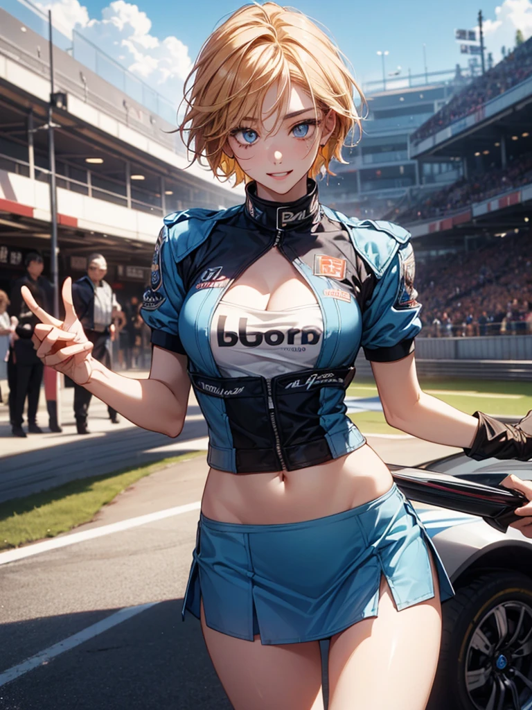 highest quality、Nice sexy body、One Woman、solo、(Beautiful busty woman:1.5)、Medium hair woman、((Woman with dark red hair))、Race Queen、Campaign girl、A woman wearing a blue patent leather short top、A woman wearing a top with a logo、A woman wearing a blue patent leather miniskirt、A woman wearing brown pantyhose、Standing woman、event venue、motor Show、smile、Sexy pose