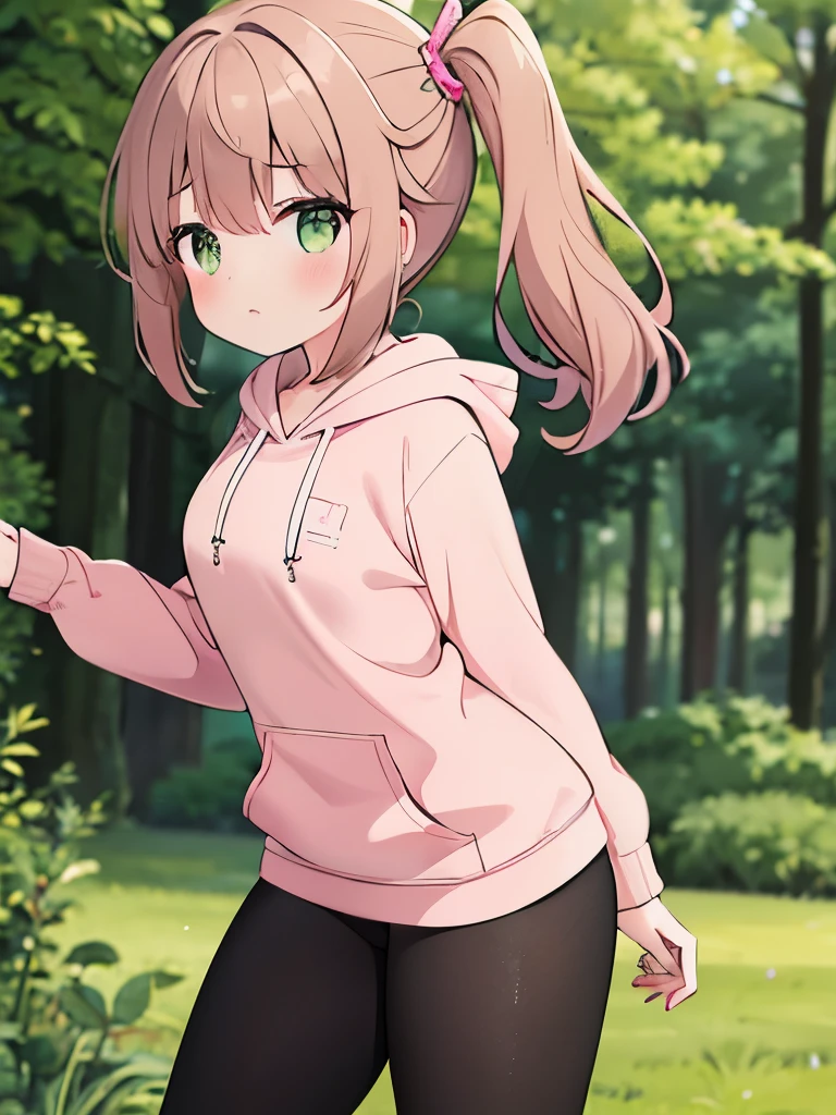 1girl, 23 yro, cowboyshot, dusty rose brown hair, side ponytail, hazel green eyes, tired distant-looking eyes, pink hoodie, white top, black spendex leggings with patterned accents, standing in nature, leg action, cute, absurdres, high res, ultrasharp, 8K, masterpiece, from the side