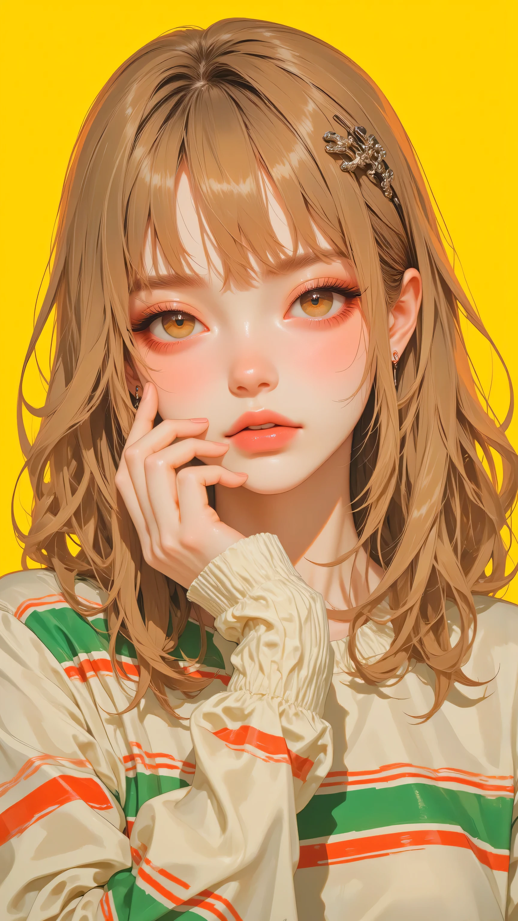 8k, Masterpiece, Top Quality, Close-up, shoulder-length, light brown, wavy hair, hair clip, bangs, rosy blush, light lip color, demure expression, hand, mouth, long-sleeved shirt, horizontal stripes, green, red, cream, bright yellow background.