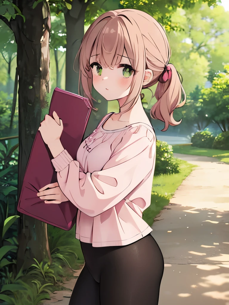 1girl, 23 yro, cowboyshot, dusty rose brown hair, side ponytail, hazel green eyes, tired distant-looking eyes, pink flowy blouse, white top, black spendex leggings with patterned accents, standing in nature, leg action, cute, absurdres, high res, ultrasharp, 8K, masterpiece, from the side