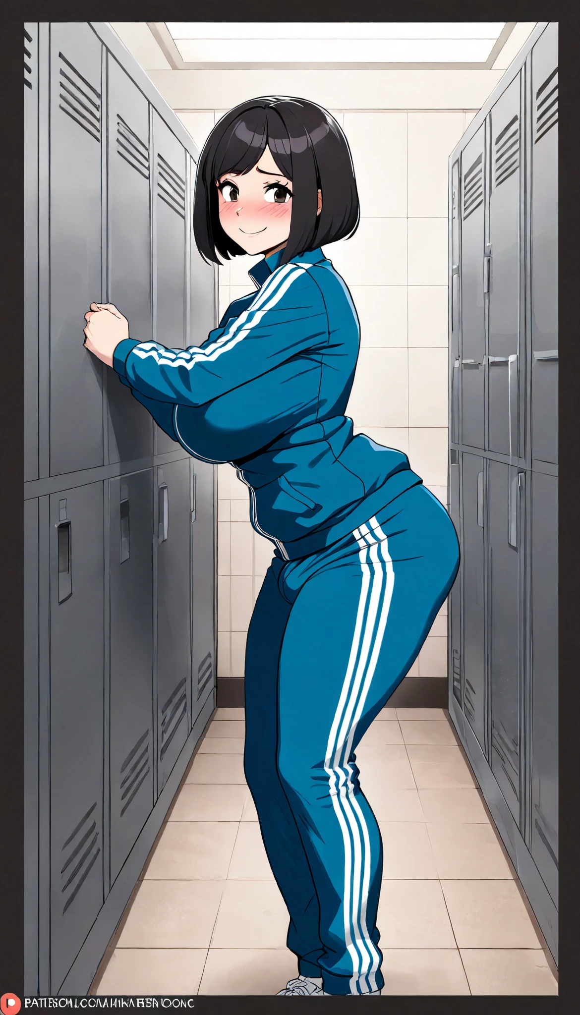 (best quality, highest quality:1.2), masterpiece, top quality, ultra high definition, rich contrasts, HD,8k, High Definition CG Unit Wallpaper, texture , Unbelievably Absurd, ultra high definition, RAW photos ,Deep border 1 .2, very detailed
(girl:1.3), 1girl, solo, futanari, track suit,
dim body, curvy, no curves, narrow hips, black hair, bob cut, smile, blush, Embarrassed, locker room, taken from side