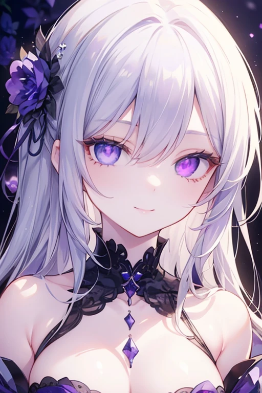Young, long white hair, heterochromia, (left eye blue, right eye purple), white cat ears, turquoise top, open chest, big breasts, smile, masterpiece, high quality