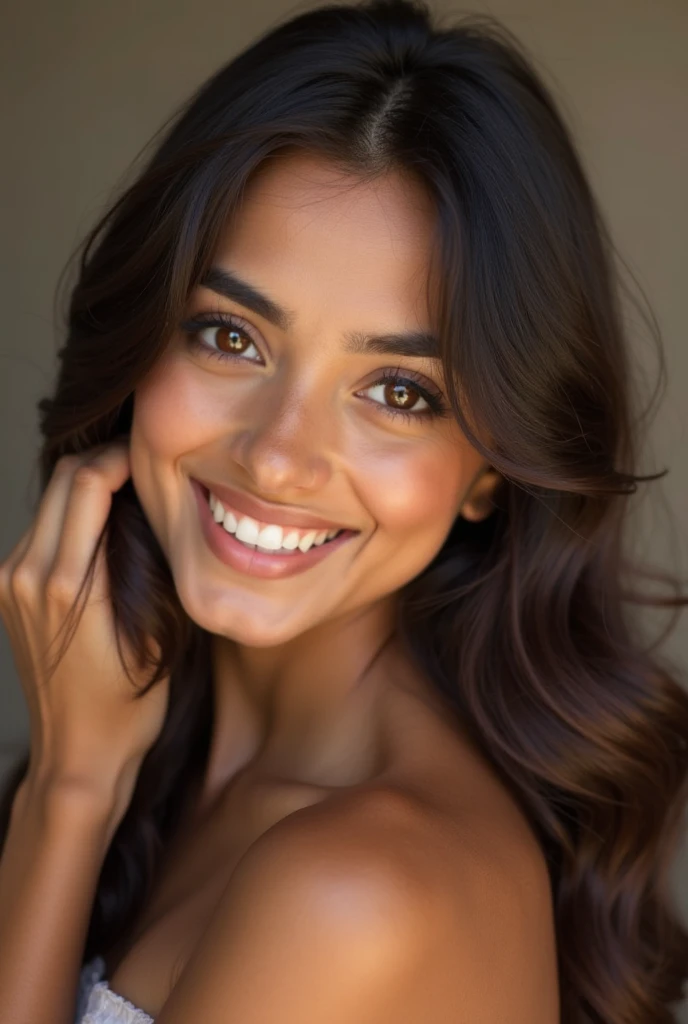 Brunette, bronze brown eyes, beautiful smile, High Resolution, brown-hair, ssmile, 
Big tits big ass