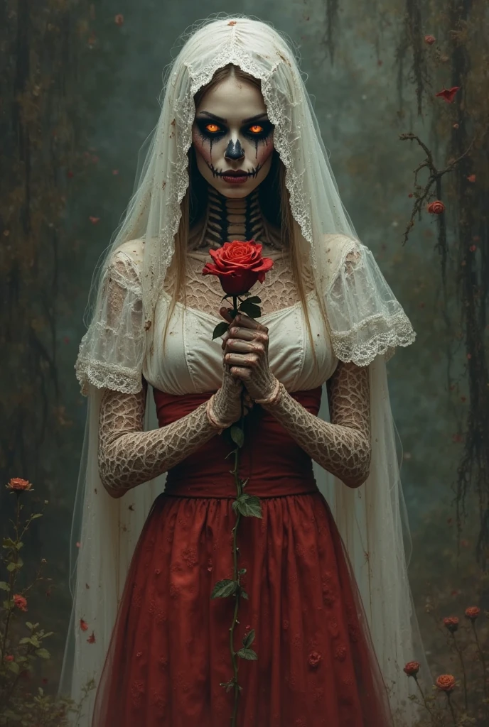 White Lace, a white lace rose, intricate lace skull pattern, dark red solid background, extremely detailed, (best quality,4k,8k,highres,masterpiece:1.2),ultra-detailed,(realistic,photorealistic,photo-realistic:1.37),HDR,UHD,studio lighting,ultra-fine painting,sharp focus,physically-based rendering,extreme detail description,professional,vivid colors,bokeh,horror,dark,moody,dramatic lighting