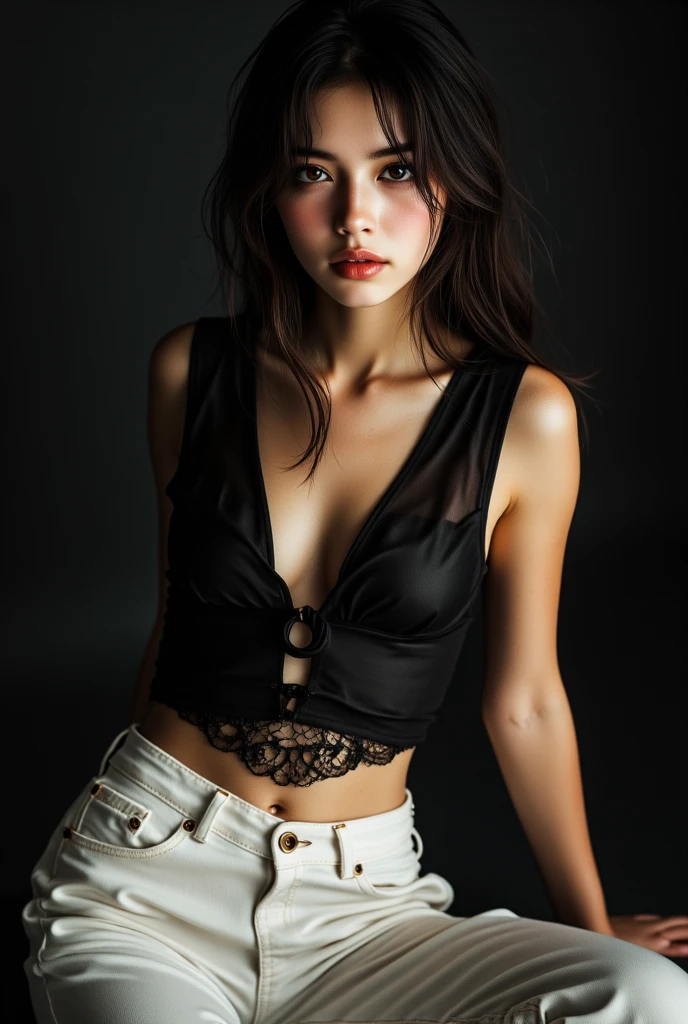 ((highest quality, 8k, masterpiece :1.3)), Sharp focus :1.2, Beautiful woman with perfect figure :1.4, 1 girl,Slim Abs :1.2, ((Dark brown hair,chest :1.2)), naked, Gray background:1.2, Highly detailed face and skin texture, Fine grain, double eyelid,Beautiful Hands,Five Fingers,Fashion model posing,Full body portrait,Cowboy Shot,jeans,Cast a Shadow,