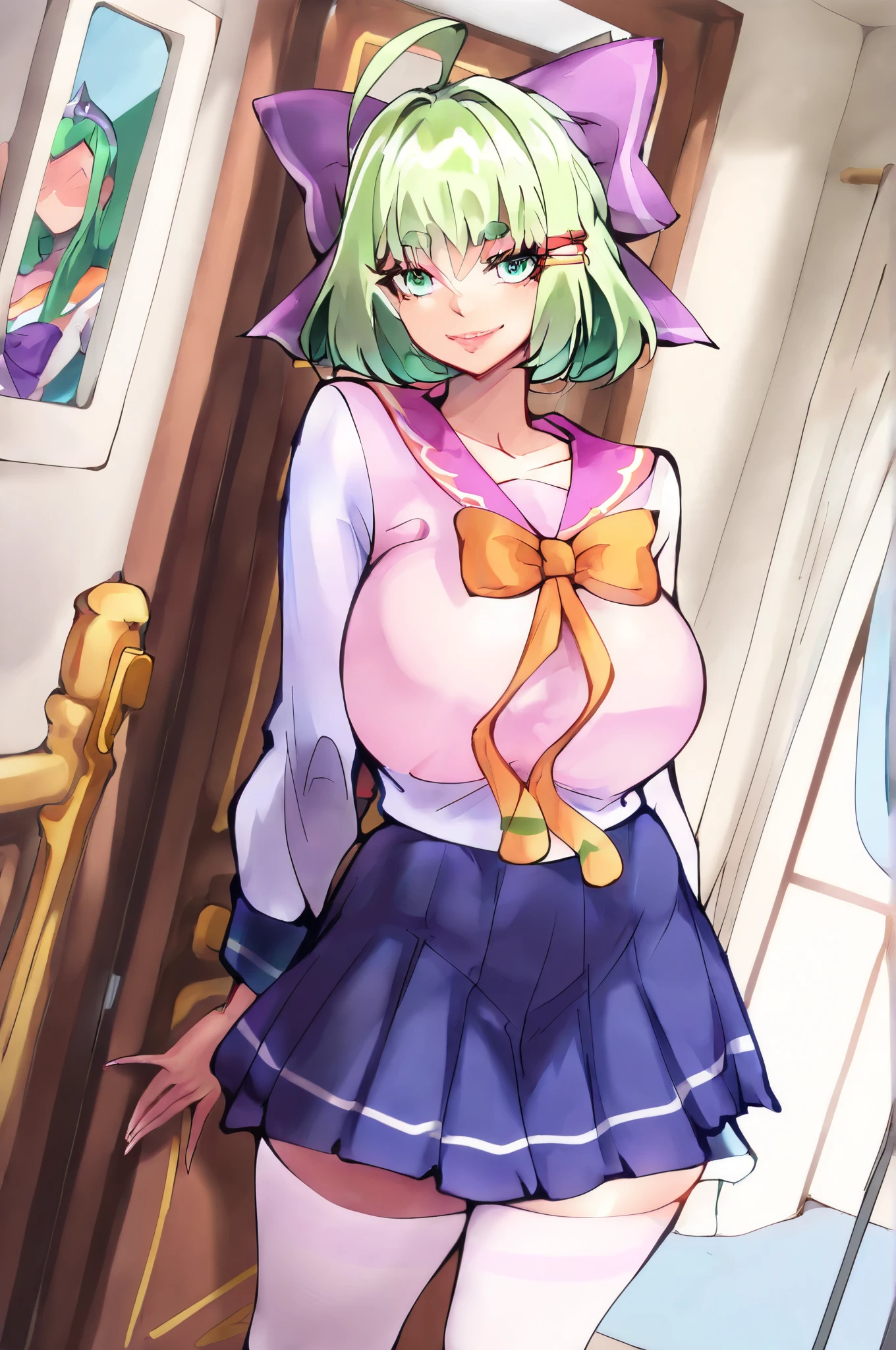 (best quality), (ultra-detailed), (masterpiece, best quality:1.3), 1female, adult, Masterpiece, Best Quality, hi res,hd, detailed 1girl,anime, mature female, indoors, smile, age 30 - 40,curvy, busty,thick, huge breast, mature face,milf, mother, NSFW,short green hair, green eyes, purple bow headdress, sailor suit, blue pleated skirt, white stockings, Green Hair Bow Girl，ahoge / stray hair，M-shaped fringe / M-shaped bangs Short green hair, green eyes, purple bow headpiece, barrette. Hair bow voluptuous, voluptuous female, looking at viewer, high resolution, 8k, 4k, high detail, detailed bangs, detailed hair, high detail face, high detail eyes, detailed lips, dynamic shot, dynamic angle, small nose,GreenHairBowGirl