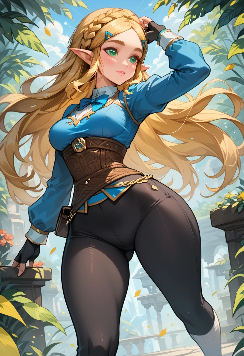 High resolution, Very detailed, perfect lighting, beautiful detailed eyes,   ((masterpiece,Best Quality)), absurdities, alone,     princess zelda, by the width, crown braid, Hair clip, pointy ears, blue shirt, long sleeves, Gloves without fingers, black gloves, shorts blancos, tight white shorts, smile, curves, nod,   ,  deep neckline, deep neckline, bare breasts, bare breasts, NSFW, visible nipples, visible nipples, view from behind, view from behind, big butt, big butt, use a night meadow as a background