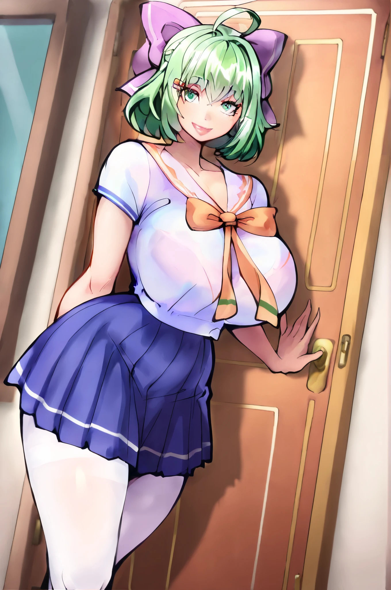 (best quality), (ultra-detailed), (masterpiece, best quality:1.3), 1female, adult, Masterpiece, Best Quality, hi res,hd, detailed 1girl,anime, mature female, indoors, smile, age 30 - 40,curvy, busty,thick, huge breast, mature face,milf, mother, NSFW,short green hair, green eyes, purple bow headdress, sailor suit, blue pleated skirt, white stockings, Green Hair Bow Girl,ahoge / stray hair,M-shaped fringe / M-shaped bangs Short green hair, green eyes, purple bow headpiece, barrette. Hair bow voluptuous, voluptuous female, looking at viewer, high resolution, 8k, 4k, high detail, detailed bangs, detailed hair, high detail face, high detail eyes, detailed lips, dynamic shot, dynamic angle, small nose,GreenHairBowGirl