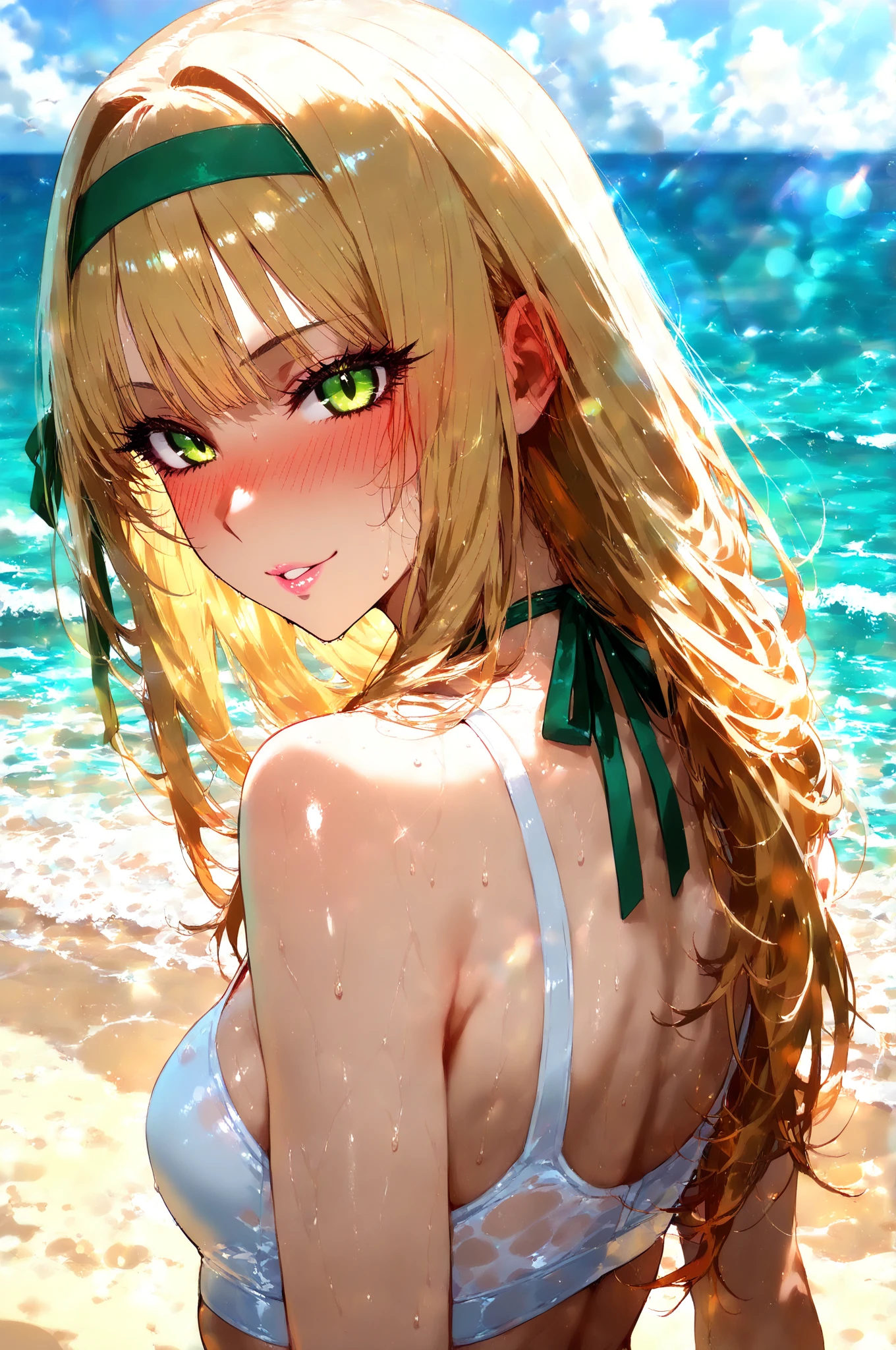 minami yume ,sss Dynazenon ,Long Hair, Brown Hair, (Green Eyes:1.5) ,smile,Open your mouth,Medium Breast,Flower Hair Ornaments,Black bikini string swimsuit,A thin long skirt is wrapped around her waist,barefoot,Daytime,Clear skies,Sandy Beachを散歩している,
break looking at viewer, whole body,(Cowboy Shot:1. 5),
break outdoors, Beach,Sandy Beach,
break (masterpiece:1.2), Highest quality, High resolution, unity 8k wallpaper, (shape:0.8), (Beautiful and beautiful eyes:1.6), Highly detailed face, Perfect lighting, Extremely detailed CG, (Perfect hands, Perfect Anatomy),