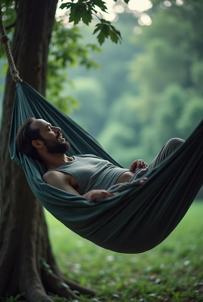 Man lying in a hammock to sleep in his backyard at night