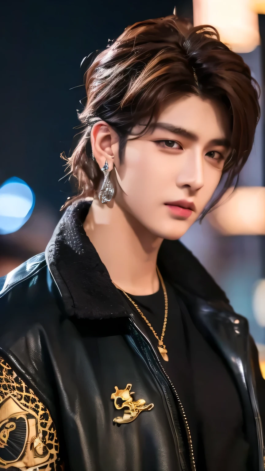 Best quality, masterpiece, a ma, handsome guys Korean K-pop male singer as a reference for the face, increase skin fairness further, mullet haircut, more prominently, rapper style, wearing a large black bomber jacket with subtle luxurious brand patterns featuring a dragon or tiger in gold, cross or skull earrings, set against a nighttime urban backdrop in Shibuya with blue and purple neon lights, cyberpunk vibe, cinematic scene, photo stock, film noise, dark abd mystery, brown hair,