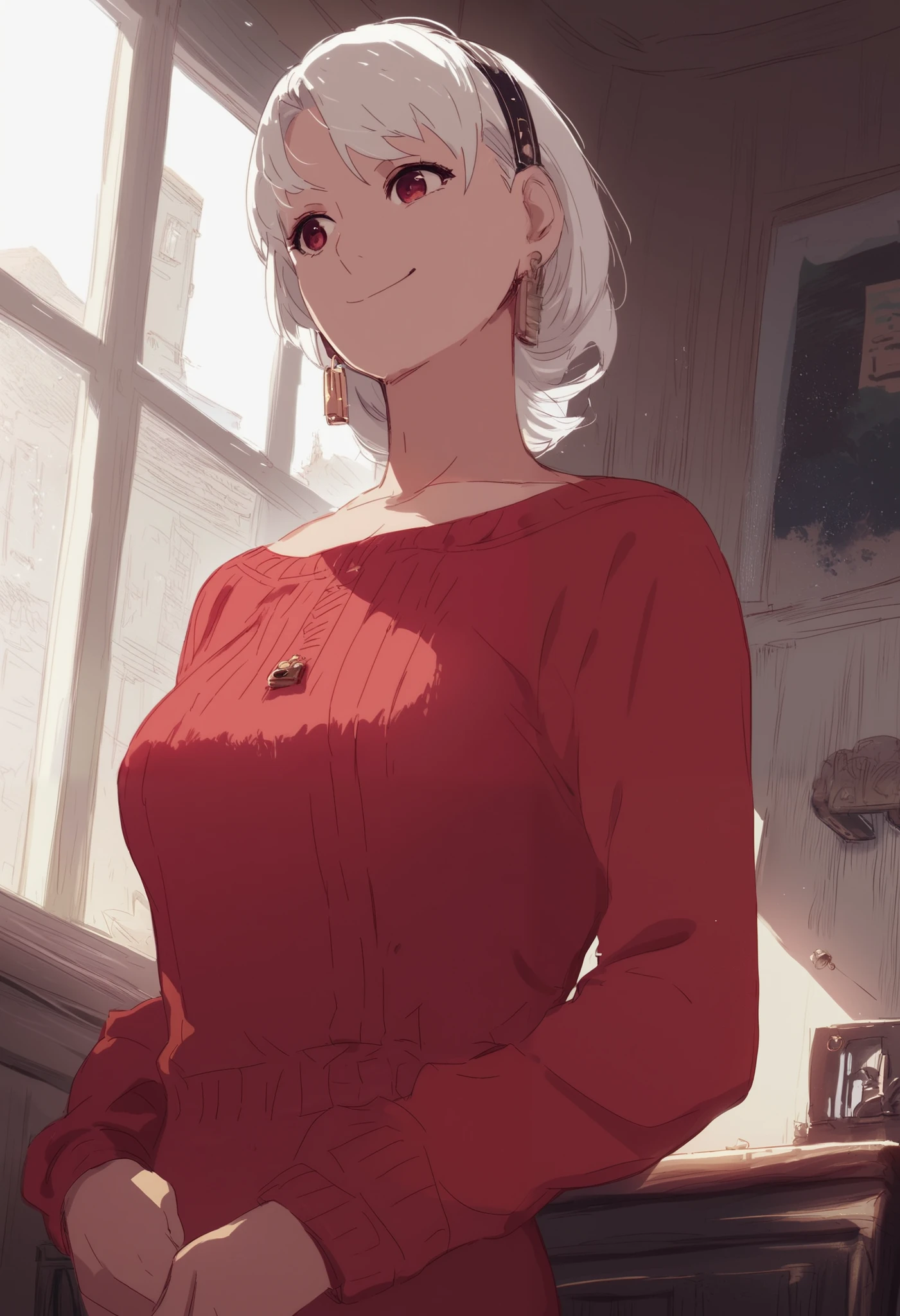 Works created at your blacksmith shop ,1 girl,Alone,mature,hair band,earrings, jewelry, side lock, chest,red sweater,bangs,white hair band,pantyhose,arms_ behind_return,smile, Upper Body
BREAK
Med Mansion, living room, indoors, scenery, there are no humans, window, messy , detailed returnground, (Dynamic Angle)