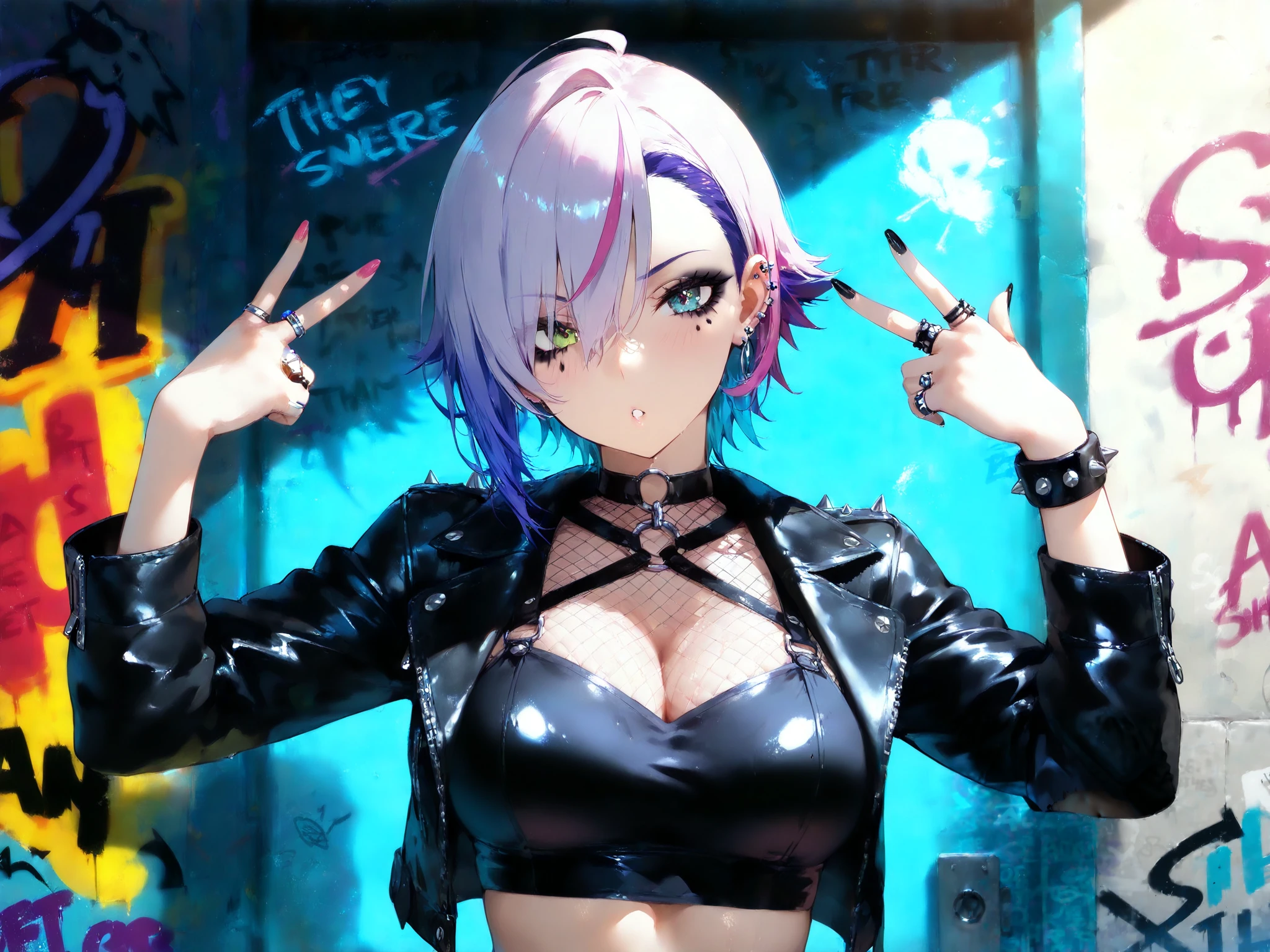 best quality, masterpiece, ultra-detailed, illustration, dynamic pose, Rem from Re:Zero, blue short hair, hair over one eye, (perfectly proportionate body), eyeliner, tired, wearing a leather jacket, (covid face mask), adorned with studded accessories, platform boots, layered necklaces, bold patterns, (torn fishnets), dramatic makeup, black nail polish, oversized rings, chains and buckles, black lipstick, busty body, wearing a crop-top, hands on face, close-up shot, cinematic lighting, volumetric lighting, vibrant colors, ray tracing,