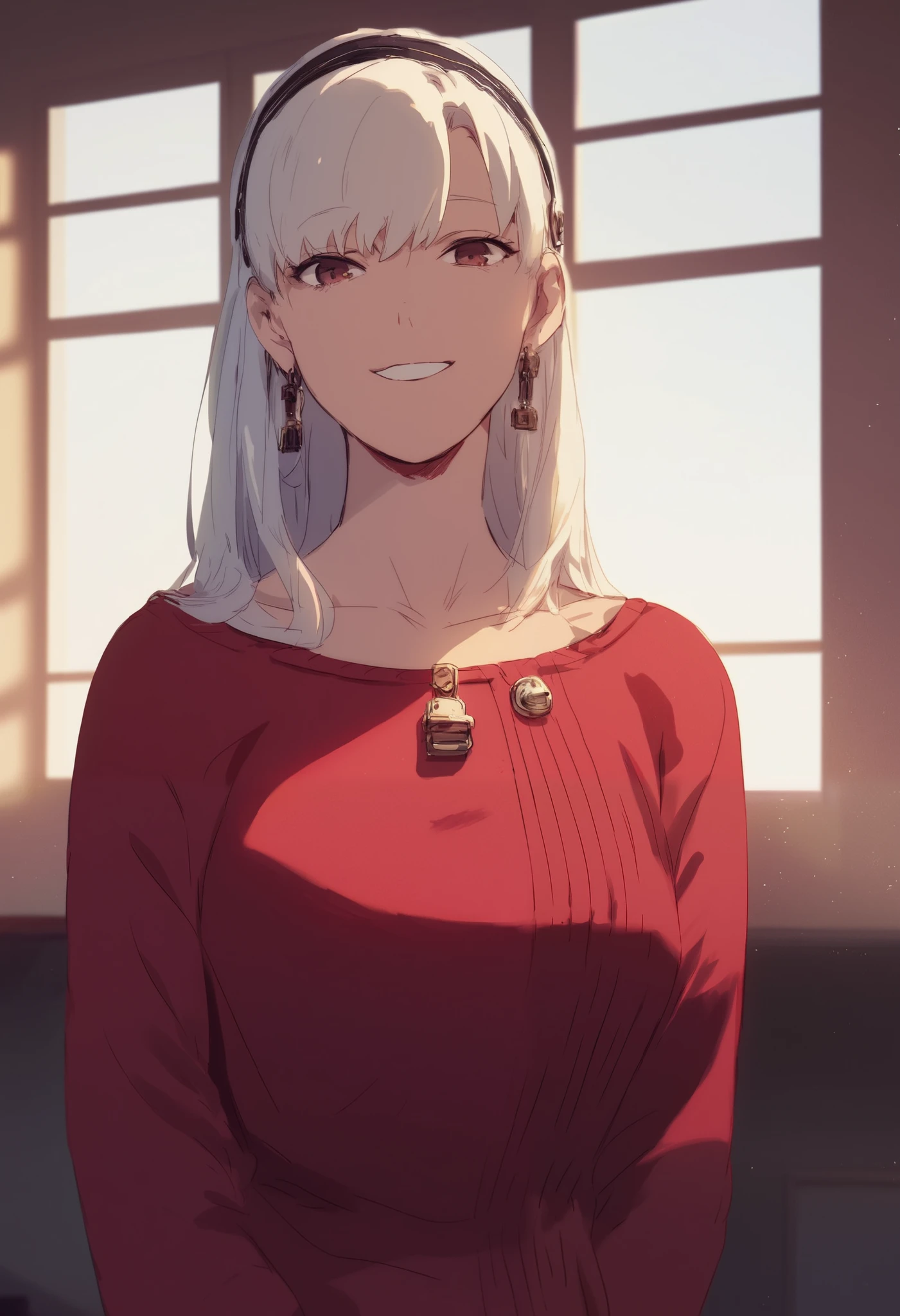 Works created at your blacksmith shop ,1 girl,Alone,mature,hair band,earrings, jewelry, side lock, chest,red sweater,bangs,white hair band,pantyhose,arms_ behind_return,smile, Upper Body
BREAK
Med Mansion, living room, indoors, scenery, there are no humans, window, messy , detailed returnground, (Dynamic Angle)