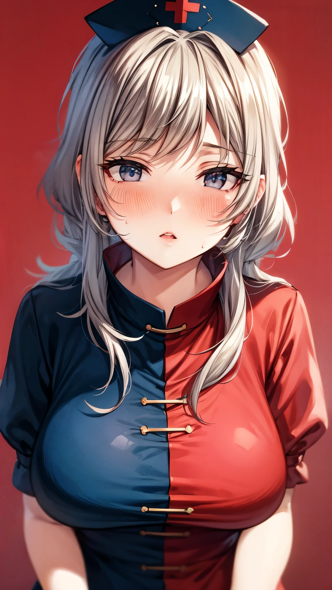 (Ultra High Quality,Ultra High Definition,16k,super masterpiece,Ultra HD , detailed shading and background,) one woman,Long silver hair, braids, Chest Valley, nurse cap , sweaty,blush,Thick lips,Old medical room,