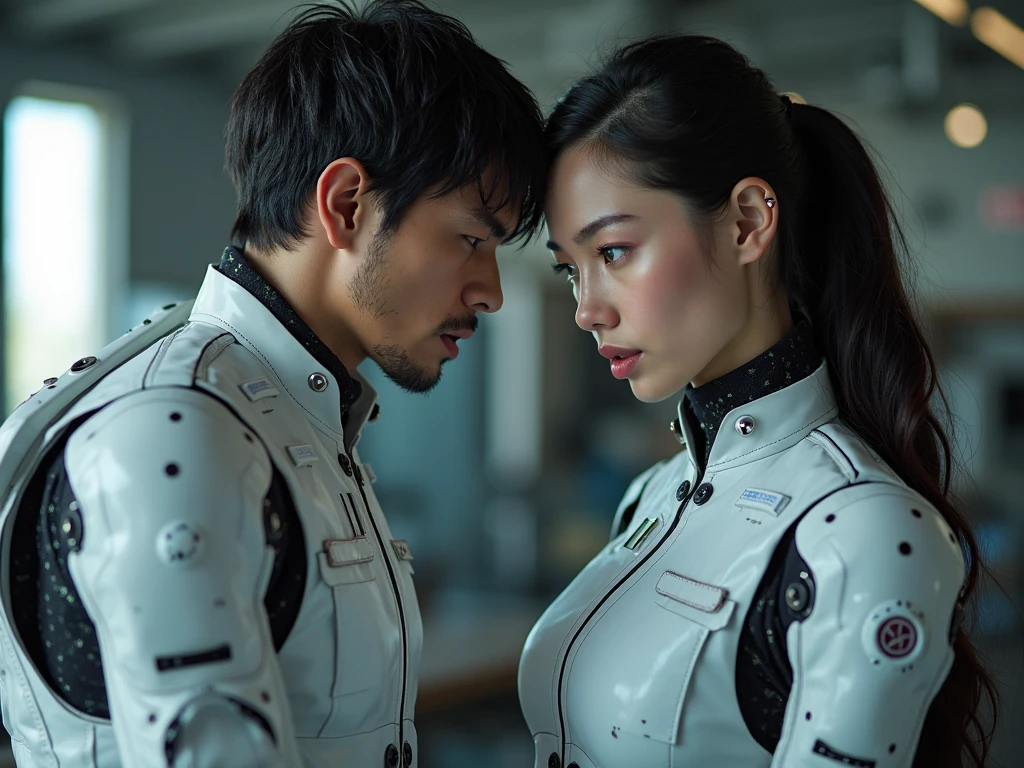 action movie poster, futuristic genre, the protagonist hugs a girl, in the background a ship, and the title of the movie