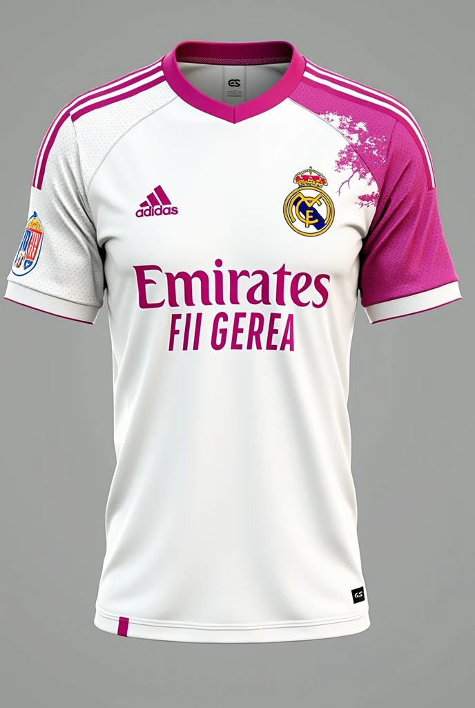Create a 70&#39;s football shirt% white and a 30% Light pink and on the shirt includes logos like Nike or Adidas and that has a logo of a famous soccer team like Real Madrid and show me the front and back sides