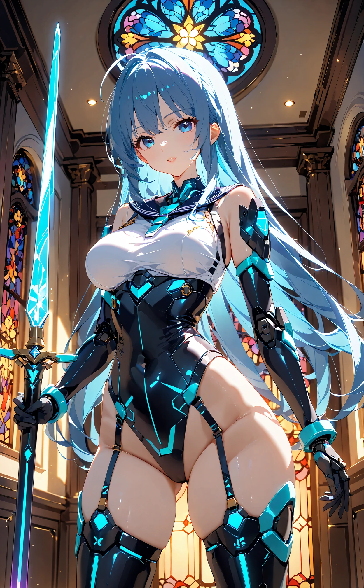 A sleek, cybernetic astral girl, adorned in intricate, ethereal armor that shimmers with cosmic hues, traverses the vast unknown of deep space. This dynamic character concept is presented through a stunning digital painting, showcasing the character's darkwave-inspired design. Each pixel is meticulously crafted to capture the essence of mystery and exploration, drawing the viewer into a mesmerizing world of futuristic technology and interstellar beauty.