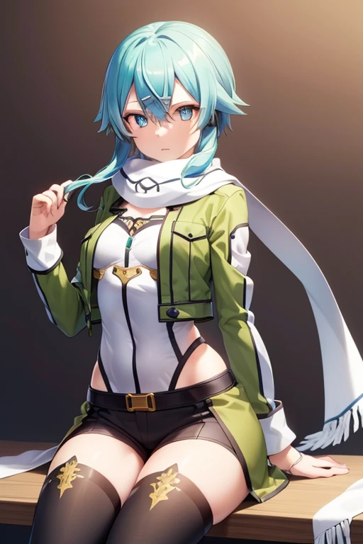 (masterpiece), best quality, expressive eyes, perfect face, highres, sinon1, scarf, fingerless gloves, long sleeves, short shorts,groin, hair ornament, hairclip, green thighhighs, green jacket,covered_nipples, thigh strap, field, sunset_ruins_landscape_background, ruined structures, dynamic_posing, looking at the viewer, (from above:1.2),covered_navel,