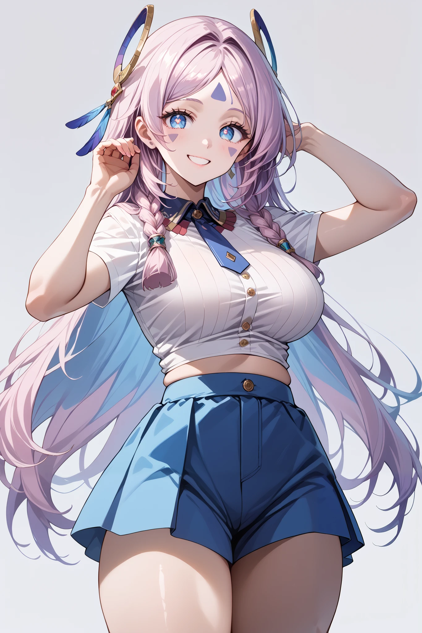 score_9, score_8_up, score_7_up, source_anime, 4K,perfect fingers,(perfect hands, perfect anatomy),prefect lighting, very aesthetic, intricate details,highly detailed background, masterpiece, high quality, best quality,
citlali, blue eyes, bright pupils, facial mark, long hair, multicolored hair, pink hair, purple hair, hair intakes, braid, twin braids, parted bangs, hair ornament,Large Breast
wearing ((light cream colored top:1.5)),
((White plain background:1.5)) , looking at viewer, smile,(perfect hands, perfect anatomy),cowboy shot, filed, high thigh individual , fullbody,Stand up,Stand up straight,(complete standing pose:1.2),