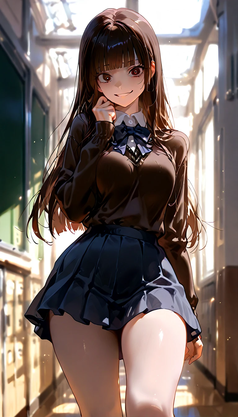((mesa, Best Quality, High resolution, NffSW, pixel perfect, Depth of fields, 8k, NffSW, NffSW)), 1 girl in, single, Alone, beautiful artistic style, ((by the width, for the chestnut)), (blue eyes:1.4, rounded eyes, Beautiful eyelashes, realistic eyes), (detailed face, blush:1.2), (Smooth texture:0.75, realistic texture:0.65, photorealistic:1.2, computer generated animated style), medium breasts, neckline, (dynamic angle, dynamic pose:1.4, looking at the viewer), marked nipples, perfect body, busty, ((White sweater, long sleeve, plaid skirts, socks)), smile, open mouth, leaning forward, Hands behind the back, theme park, a necklace, Rounded earrings