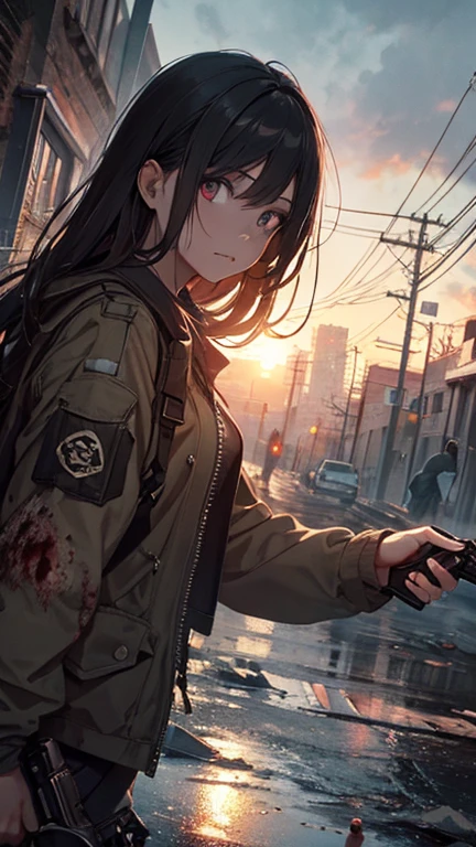 ((masterpiece, best quality, ultra-detailed, an extremely delicate and beautiful)), ((extremely detailed CG unity 8k wallpaper)), ((award winning, ccurate, UHD, textured skin, chromatic aberration, perfect anatomy, Fujicolor)), ((((postapocalypse)))), 1 teen girl stanging on the floor in the ruin, at evening, (young syster taste), small breast, slender body, (black straight hair with red inner color), (gold eyes), a red hair ribbon, wearing black coat, her hand with gun, ((rape face)), ((((blood sea)))), many bodies on the floor